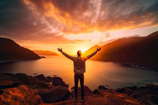 Embracing Freedom: Man with Outstretched Arms at Stunning Beach Sunset: Generative AI