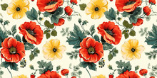 Red Poppies And Yellow Daisies Floral Seamless Pattern On Timeworn Floral Backdrop. Concept: Vivid Country Blooms From The Past