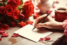 Woman Hand Writing Love Letters On Paper. Valentines Day Concept.