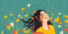 Enthralling Expression Of Sheer Joy Showcased By A Woman Amidst Raining Flowers, In Studio Shot Illustration With Spacious Copy Area.
