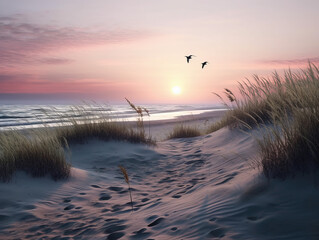 Poster - Birds flying over the dunes at sunset on the beach created with Generative AI technology