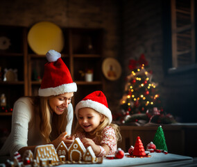 Mother and Daughter building a Gingerbread House together for Christmas. Happy family traditions and decorations for the holiday season. Shallow field of view.