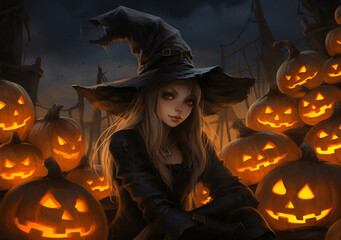 Canvas Print - a cute illustrated witch surrounded by pumpkins and jack-o-lanterns, Halloween