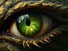 Green Dragon Eye. Green Human Eye Of A Wooden Dragon. Green Eyes. Mythological Creatures Concept. Animal Eye. Fantastic Monster. Ancient Reptile. Dark Tones. 3D Illustration. Symbol Of The Year 2024