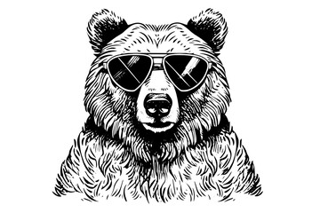 Wall Mural - Ink hand drawing sketch bear mascot or logotype head in sunglases. Vector Illustration in engraving style.