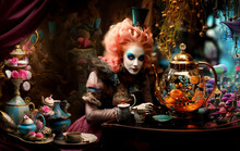 Adult Alice At A Mad Tea Party In Wonderland. Woman Wearing A Vintage Costume Role-playing In A Fantasy Whimsical Interior With Teapots, Cups And Mushrooms.  AI-generated Illustration
