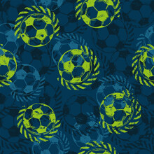 Abstract Seamless Pattern For Boys. Football Pattern. Grunge Urban Pattern With Football Ball. Sport Wallpaper On Black Background With White And Blue And Green. Repeated Sport Pattern.