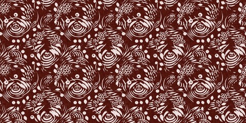 Wall Mural - Maroon red country floral blockprint linen seamless border. Print of French cottage interior cotton effect flower fabric washi tape.