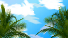 Coconut Palm Leaves Against The Background Of A Clear Blue Cloudy Sky, Realistic Illustration Vector