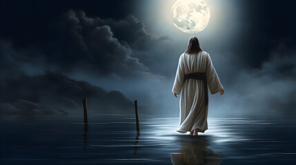 Jesus Christ walking on water at full moon night.