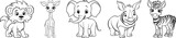Fototapeta Fototapety na ścianę do pokoju dziecięcego - Safari animals friendly cartoon characters collection from Africa. Lion, giraffe, elephant, rhino and zebra friends. Black outline coloring book vector illustrations.