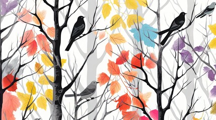 Sticker -  a painting of birds sitting on a tree with autumn leaves.  generative ai