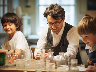 Sticker - Large group of diverse children wearing lab coats in chemistry class while enjoying science experiments