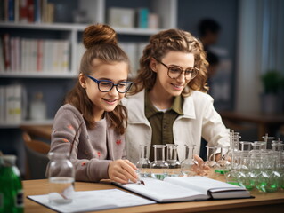 Sticker - Large group of diverse children wearing lab coats in chemistry class while enjoying science experiments