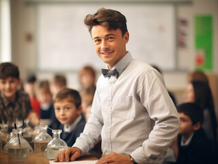 Sticker - Large group of diverse children wearing lab coats in chemistry class while enjoying science experiments