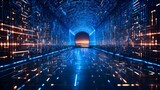 Fototapeta Fototapety przestrzenne i panoramiczne - Futuristic tunnel corridor with neon glowing lights. Abstract 3D rendering background. Illustration concept of cyber security, technology and data center for graphic design