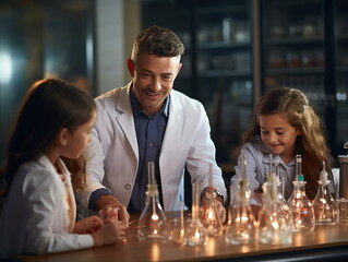 Sticker - Large group of diverse children wearing lab coats in chemistry class while enjoying science experiments