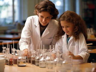 Sticker - Large group of diverse children wearing lab coats in chemistry class while enjoying science experiments