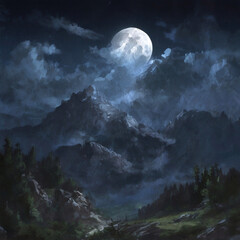 moon over the mountains Illustration painting