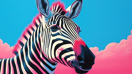 Wall Mural -  a painting of a zebra in a pink sky with clouds.  generative ai