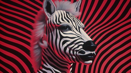 Poster -  a painting of a zebra's head with a red background.  generative ai