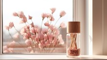 Minimalist Air Freshener Concept With Brown Glass Bottle Container, Wood Stick Diffusers, And Beautiful Dry Pink Rose Petals On A Home Wooden Window Sill.
