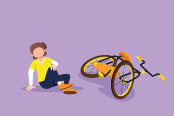 Wall Mural - Cartoon flat style drawing sad pretty little girl hurt fallen off the bicycle. Broken bicycle. Kids fallen from bike unhappy children. Bike accident at city street. Graphic design vector illustration