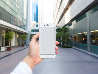 Mockup image of hand holding white mobile phone with blank white screen