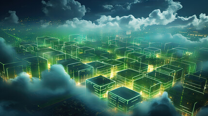 Concept of a digital city with cloud connections. Futuristic network in the clouds.