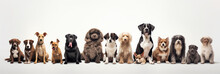 Group Of Sitting Dogs Of Different Breeds On A White Background