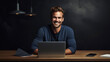 © piai - An attractive casual dressed man sitting at a desk with a laptop and smiling at the camera with a dark navy blue black wall behind him. Generative AI
