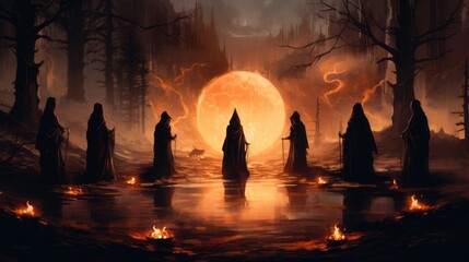 Poster - Illustration of a circle of women in witch hats and long cloaks, in the middle of the circle is a big fire, in the forest, a full moon