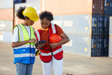 African factory workers or engineers working on tablet in containers warehouse storage