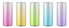 Set Of  Pink, Yellow, Green, Blue And Purple Tin Cans Of Energy Drink, Juice Or Soda. Cocktail Or Fitness Drink. Cold Beverages. Gradient Colors