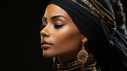 Portrait profile close beautiful black african woman exotic fashionista style photo, exotic hairstyle, long neck, giant necklaces with gemstones, diamonds and pearls, oversized earrings. Generative AI