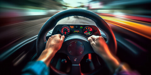 Dynamic close-up of racing driver's hands gripping wheel during intense acceleration, illuminated digital dash adds exciting, modern touch.