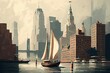 New York City skyscrapers with sailboat. Vintage style