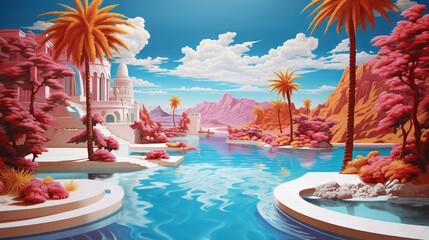 Wall Mural -  a painting of a pool with palm trees and a castle in the background.  generative ai