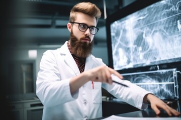 portrait of a confident young scientist using a digital tablet and pointing at the screen