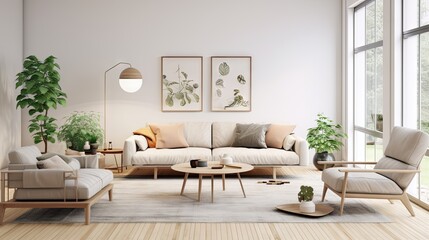 Modern Scandinavian home interior design characterized by an elegant living room featuring a comfortable sofa, mid century furniture, cozy carpet, wooden floor, white walls, and home plants.