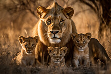 A Lion And Her Cubs Are In The Grass