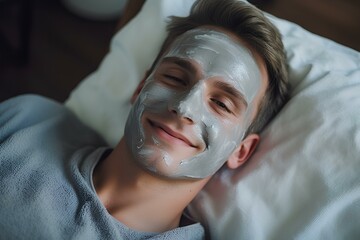 Wall Mural - Skin care with a hydrating face mask, Handsome young guy enjoying his beauty routine. generative AI