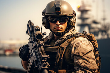 US Army Marine in full uniform and tactical equipment on the deck of a warship, an aircraft carrier. Military helicopter in the background. AI generated.