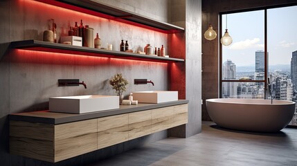 Sticker - Modern bathroom with gray and marble walls, wooden and concrete floor, narrow window, red sinks on wooden shelf with hanging ceiling lamps.