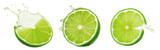 Lime slices with drops and water splash isolated on a transparent background. Generative AI