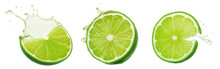 Lime Slices With Drops And Water Splash Isolated On A Transparent Background. Generative AI