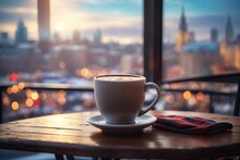 A Cup Of Coffee On A Table Overlooking An Winter. Ai Generative