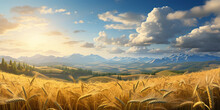 Scenic Landscape Of Endless Fields Of Ripe Wheat Against The Backdrop Of Mountains