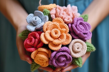 Wall Mural - Crocheted bouquet of colorful blooms in woman hands
