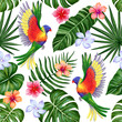Tropical seamless pattern. Colorful vivid print with beautiful palm jungle leaves, flowers and lorikeet parrots. Repeated luxury design for packaging, cosmetic, fashion, textile, wallpaper.
